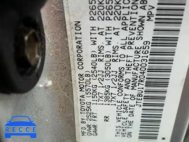 2004 TOYOTA 4RUNNER LI JTEBU17R040031659 image 9