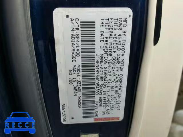 2004 LEXUS SC JTHFN48Y540054380 image 9