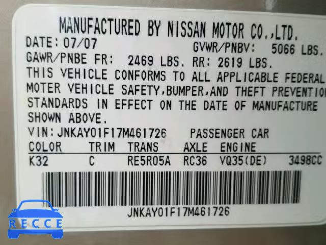 2007 INFINITI M35 BASE JNKAY01F17M461726 image 9