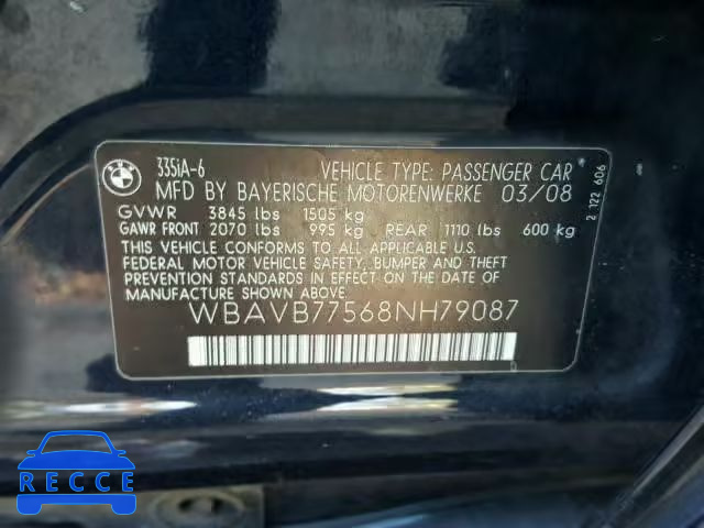 2008 BMW 335 I WBAVB77568NH79087 image 9