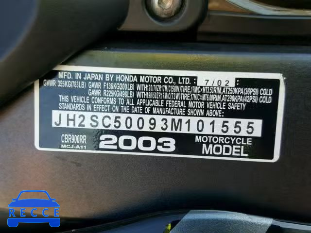 2003 HONDA CBR 900 JH2SC50093M101555 зображення 9