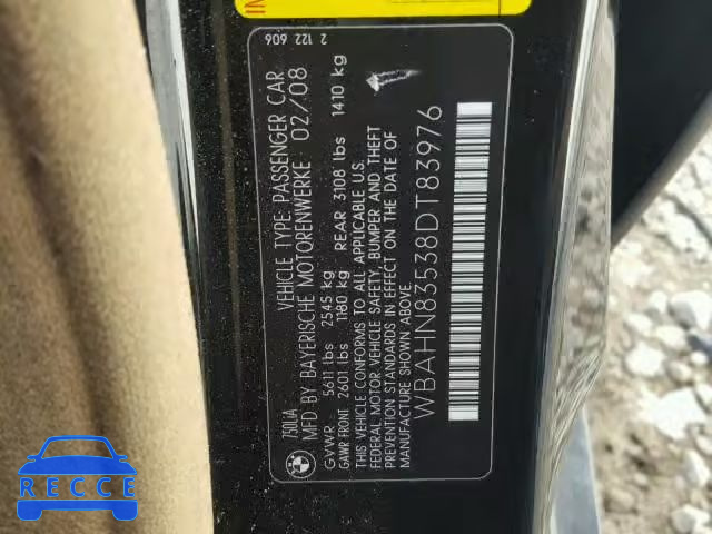 2008 BMW 750 LI WBAHN83538DT83976 зображення 9