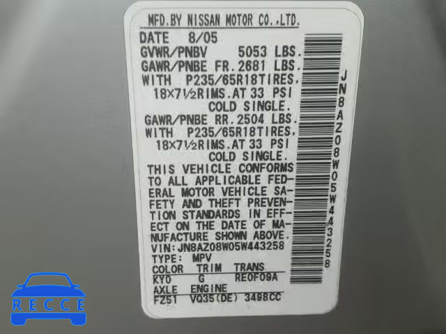 2005 NISSAN MURANO SL JN8AZ08W05W443258 image 9