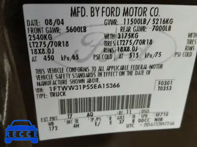 2005 FORD F350 SRW S 1FTWW31P55EA15366 image 9