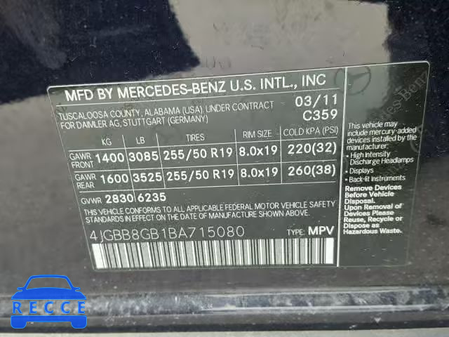 2011 MERCEDES-BENZ ML 350 4MA 4JGBB8GB1BA715080 Bild 9