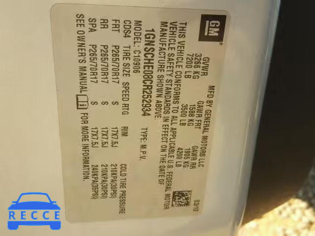 2012 CHEVROLET SUBURBAN C 1GNSCHE08CR252934 image 9