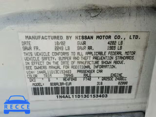 2003 NISSAN ALTIMA BAS 1N4AL11D13C153403 image 9