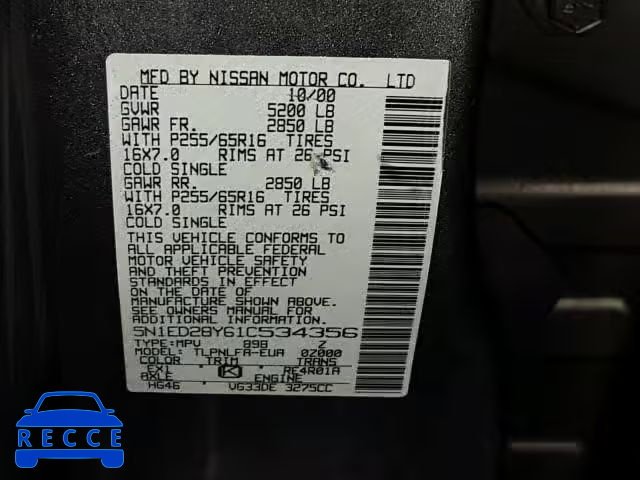 2001 NISSAN XTERRA XE 5N1ED28Y61C534356 image 9