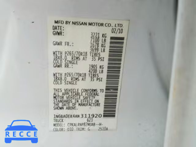 2010 NISSAN TITAN XE 1N6BA0EK4AN311920 зображення 9