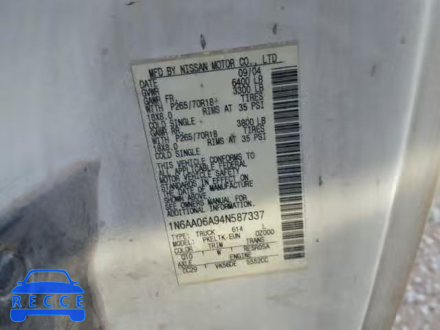 2004 NISSAN TITAN XE 1N6AA06A94N587337 image 9