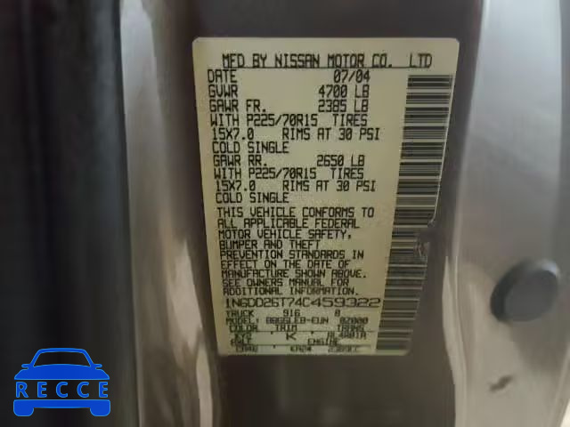 2004 NISSAN FRONTIER K 1N6DD26T74C459322 зображення 9