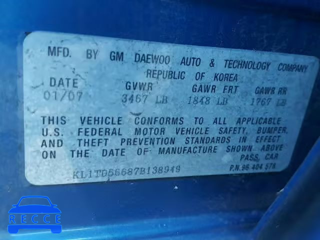 2007 CHEVROLET AVEO BASE KL1TD56687B138949 image 9