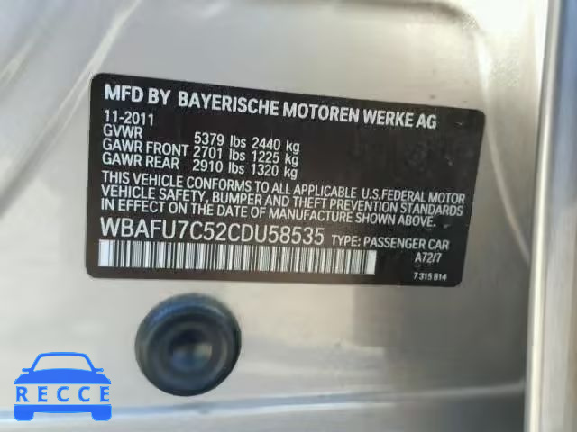 2012 BMW 535 XI WBAFU7C52CDU58535 зображення 9