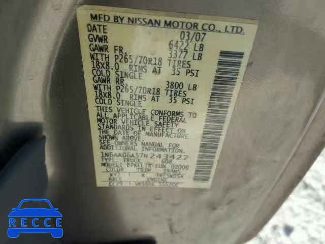 2007 NISSAN TITAN XE 1N6AA06A57N243427 image 9