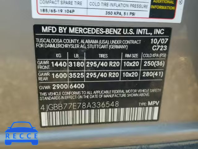 2008 MERCEDES-BENZ ML 63 AMG 4JGBB77E78A336548 зображення 9