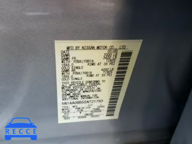 2005 NISSAN ARMADA SE 5N1AA08B55N721783 зображення 9