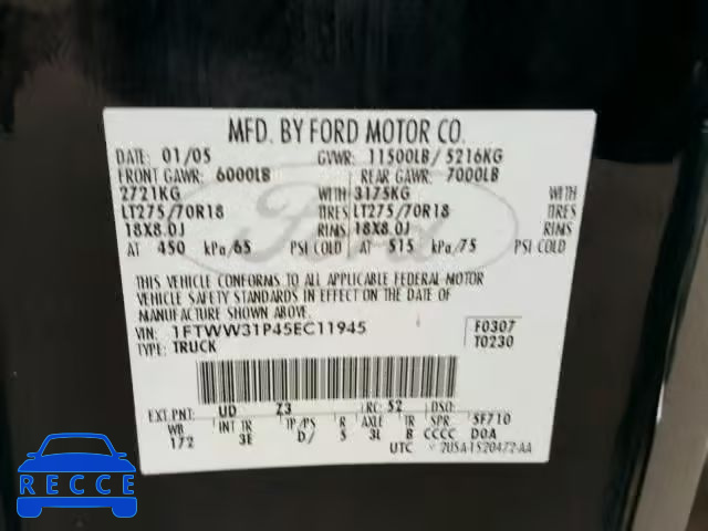 2005 FORD F350 SRW S 1FTWW31P45EC11945 Bild 9