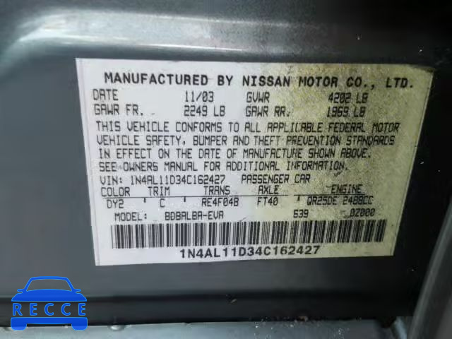 2004 NISSAN ALTIMA BAS 1N4AL11D34C162427 зображення 9