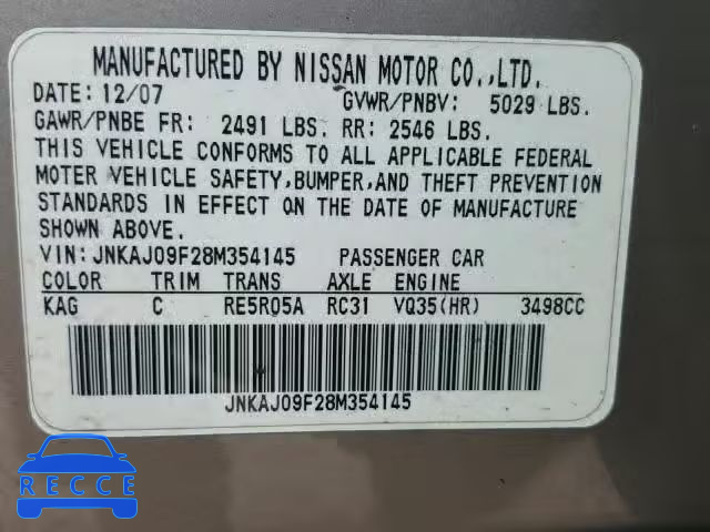 2008 INFINITI EX35 BASE JNKAJ09F28M354145 зображення 9