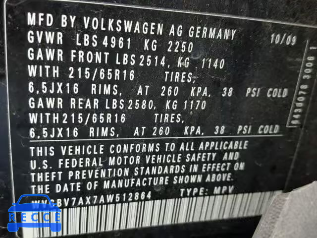 2010 VOLKSWAGEN TIGUAN SE WVGBV7AX7AW512864 Bild 9