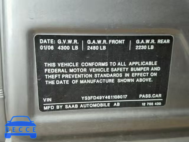 2006 SAAB 9-3 BASE YS3FD49Y461108017 image 9