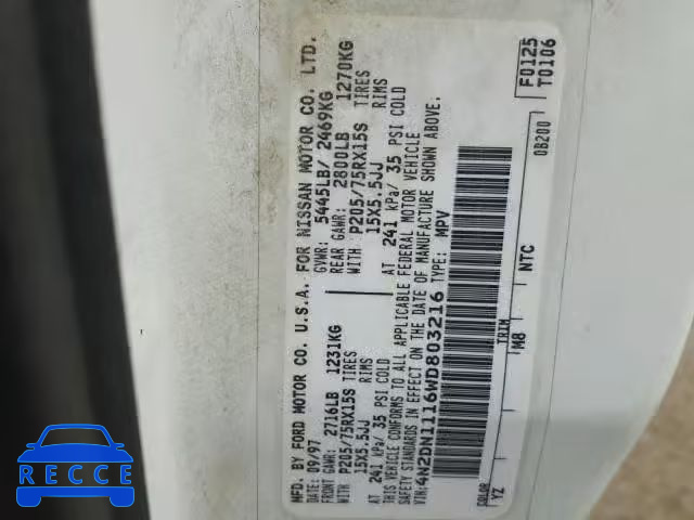 1998 NISSAN QUEST XE 4N2DN1116WD803216 image 9