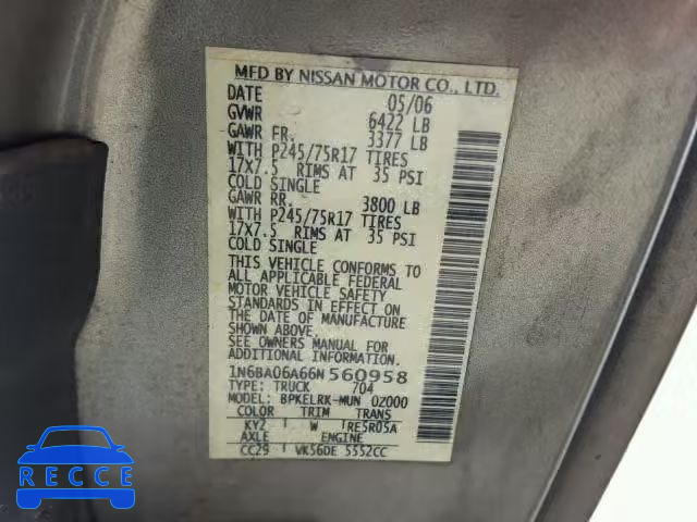 2006 NISSAN TITAN XE 1N6BA06A66N560958 Bild 9