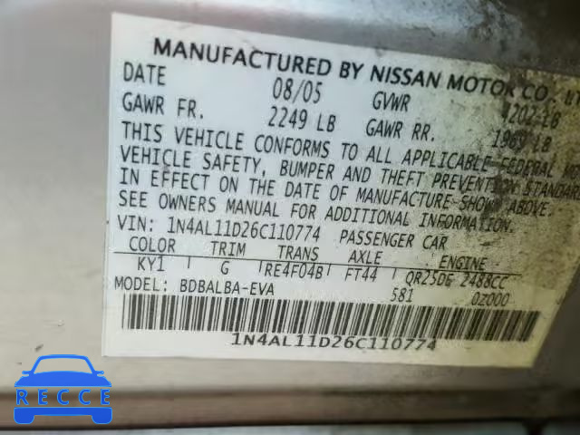 2006 NISSAN ALTIMA S 1N4AL11D26C110774 image 9