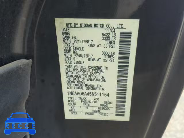 2005 NISSAN TITAN XE 1N6AA06A45N511154 image 9