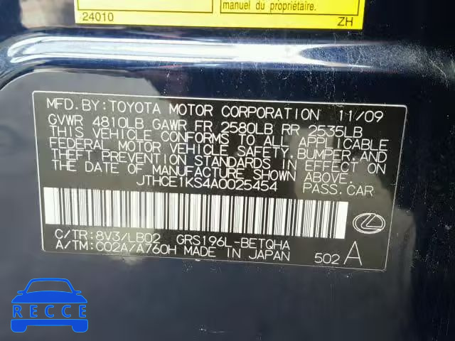 2010 LEXUS GS 350 JTHCE1KS4A0025454 Bild 9