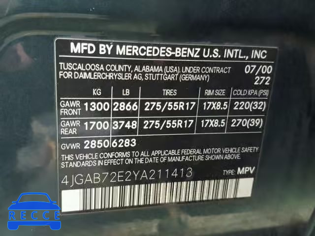 2000 MERCEDES-BENZ ML 430 4JGAB72E2YA211413 зображення 9