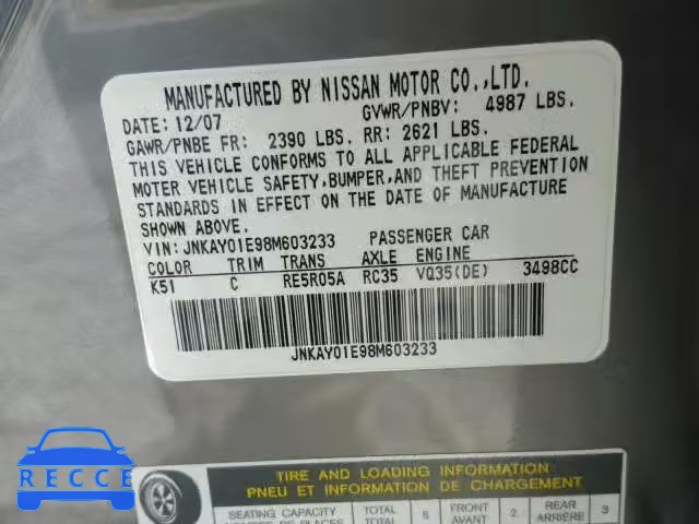 2008 INFINITI M35 BASE JNKAY01E98M603233 image 9