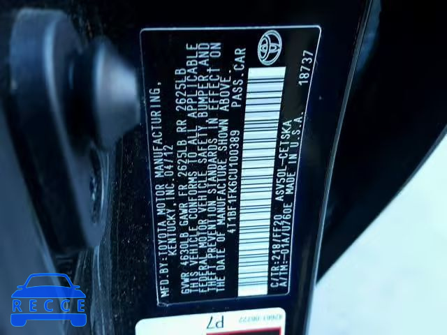 2012 TOYOTA CAMRY BASE 4T1BF1FK6CU100389 image 9
