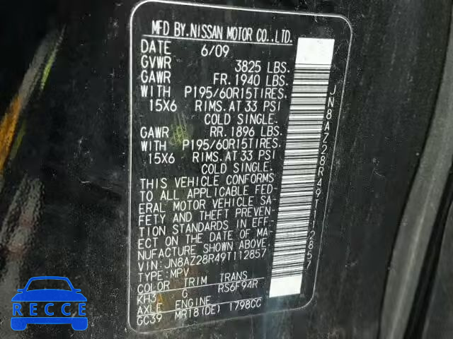 2009 NISSAN CUBE BASE JN8AZ28R49T112857 image 9