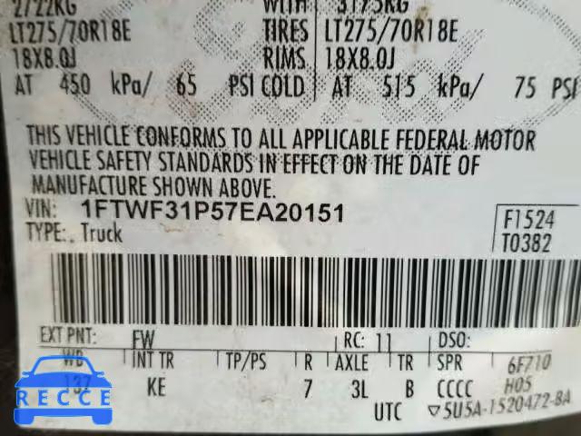 2007 FORD F350 SRW S 1FTWF31P57EA20151 image 9