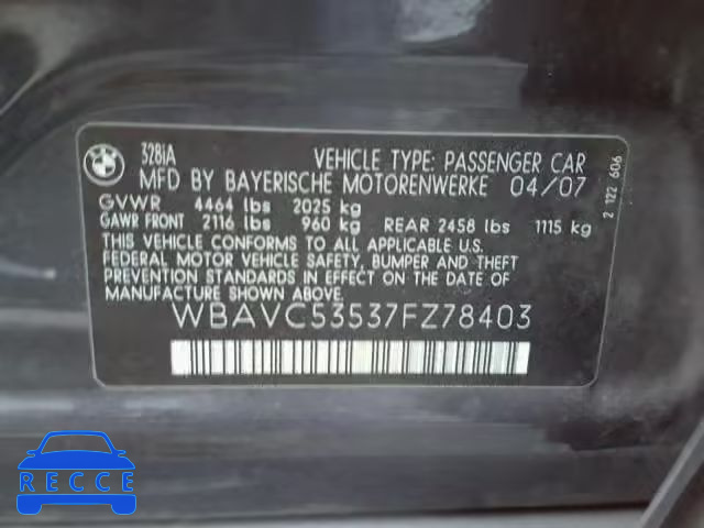 2007 BMW 328 I SULE WBAVC53537FZ78403 зображення 9