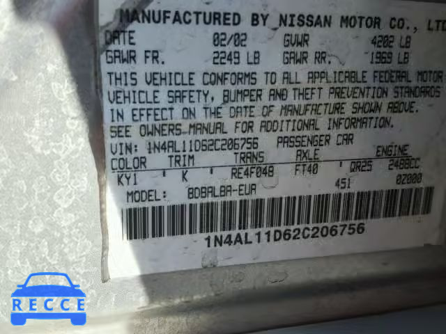 2002 NISSAN ALTIMA BAS 1N4AL11D62C206756 image 9