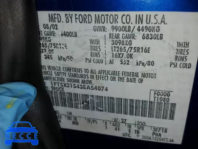 2003 FORD F350 SRW S 1FTSX31S43EA54074 image 9