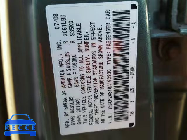 2008 HONDA ACCORD EXL 1HGCP26818A162230 image 9