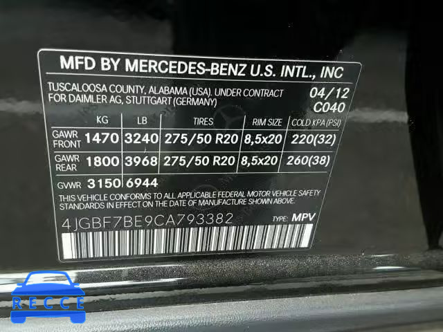 2012 MERCEDES-BENZ GL 4JGBF7BE9CA793382 Bild 9