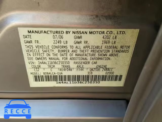 2006 NISSAN ALTIMA S 1N4AL11D36C250350 image 9