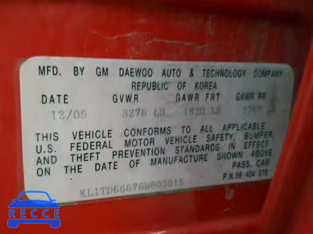 2006 CHEVROLET AVEO BASE KL1TD66676B603015 image 9