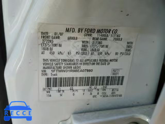 2008 FORD F350 SRW S 1FTWW31R98EA07860 image 9