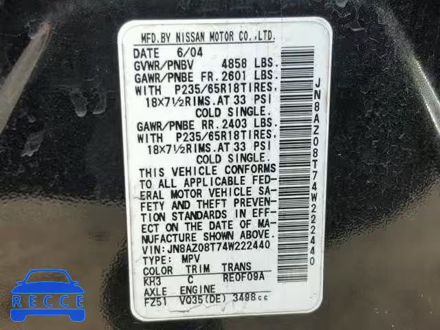 2004 NISSAN MURANO SL JN8AZ08T74W222440 зображення 9