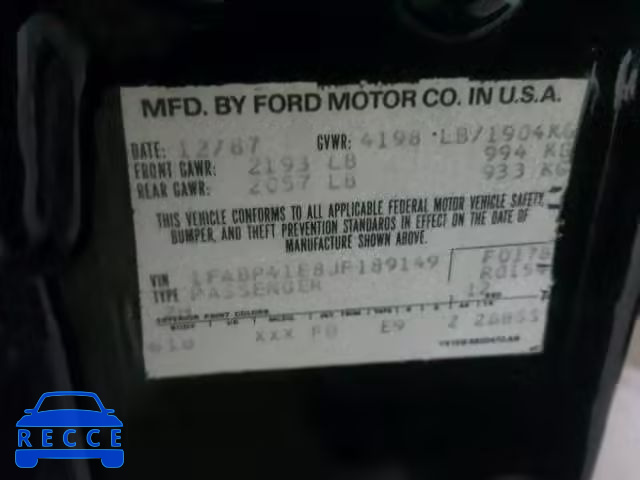 1988 FORD MUSTANG LX 1FABP41E8JF189149 image 9