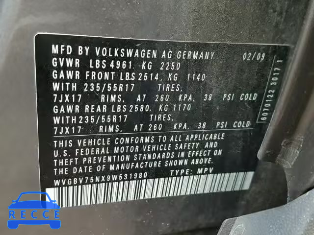 2009 VOLKSWAGEN TIGUAN SE WVGBV75NX9W531980 image 9