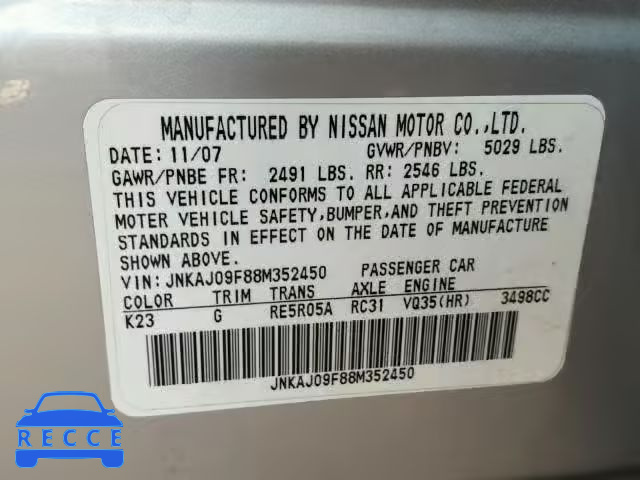 2008 INFINITI EX35 BASE JNKAJ09F88M352450 image 9