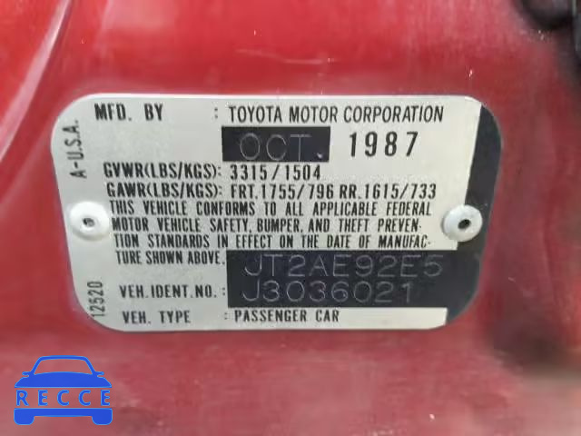 1988 TOYOTA COROLLA DL JT2AE92E5J3036021 Bild 9