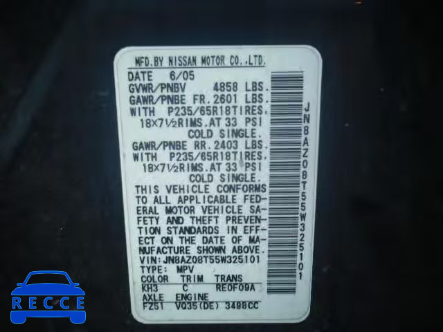 2005 NISSAN MURANO SL JN8AZ08T55W325101 image 9