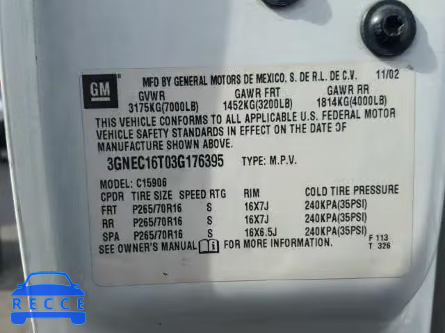 2003 CHEVROLET SUBURBAN C 3GNEC16T03G176395 image 9